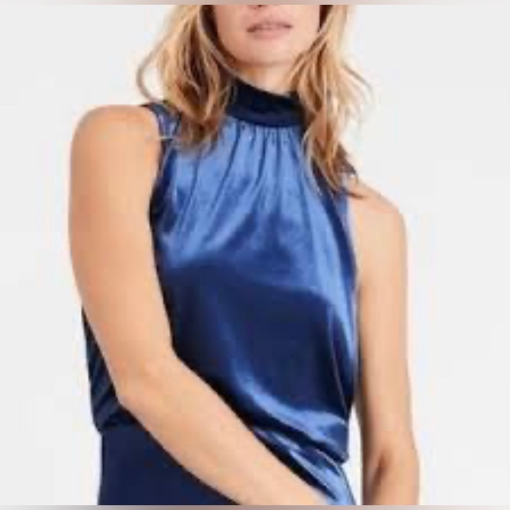 Banana Republic Azure Velvet Sleeveless Mock Neck With Tie Back Sz M NWOT🔷